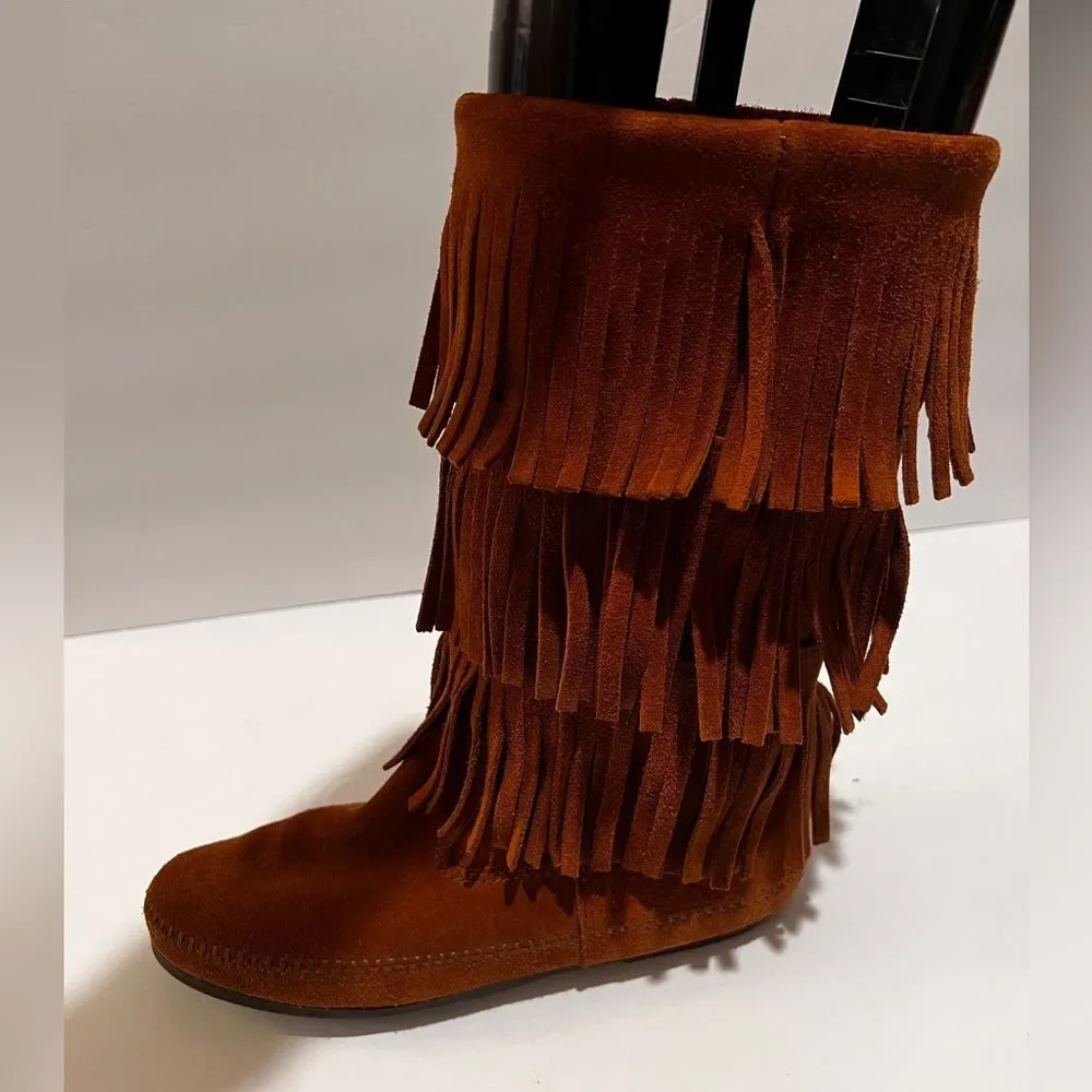 Minnetonka Shoes Womens 10 Boots Brown Western Moccasins Fringes Native Mid Calf - Picture 1 of 8